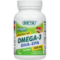  DEVA Vegan Omega-3 (60 kapslar, 1000 mg algolja med 500 mg DHA/EPA per kapsel)